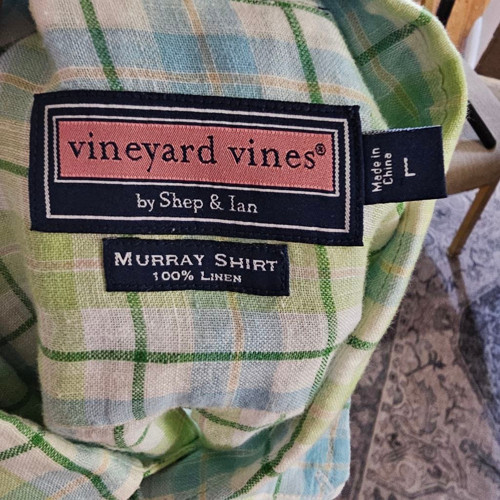 Vineyard Vines Green Blue Plaid Linen Button Down Shirt Large - Picture 6 of 6
